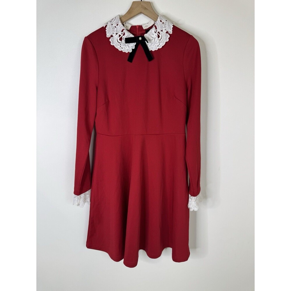 Hell Bunny Ricci Dress Deep Red Lace Collar Pin Up Rockabilly Red Large Goth Bow - Picture 2 of 16